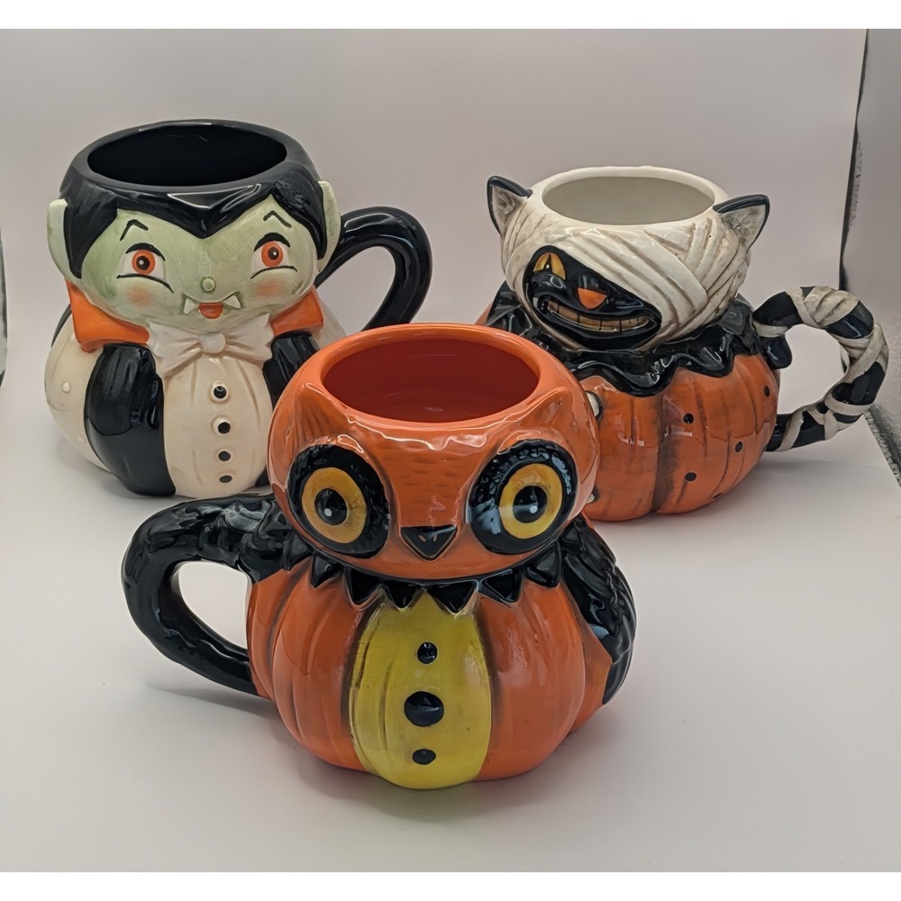 NEW Johanna Parker Halloween Mugs Vampire Mummy Cat Owl Lot Of 3 Vintage Style